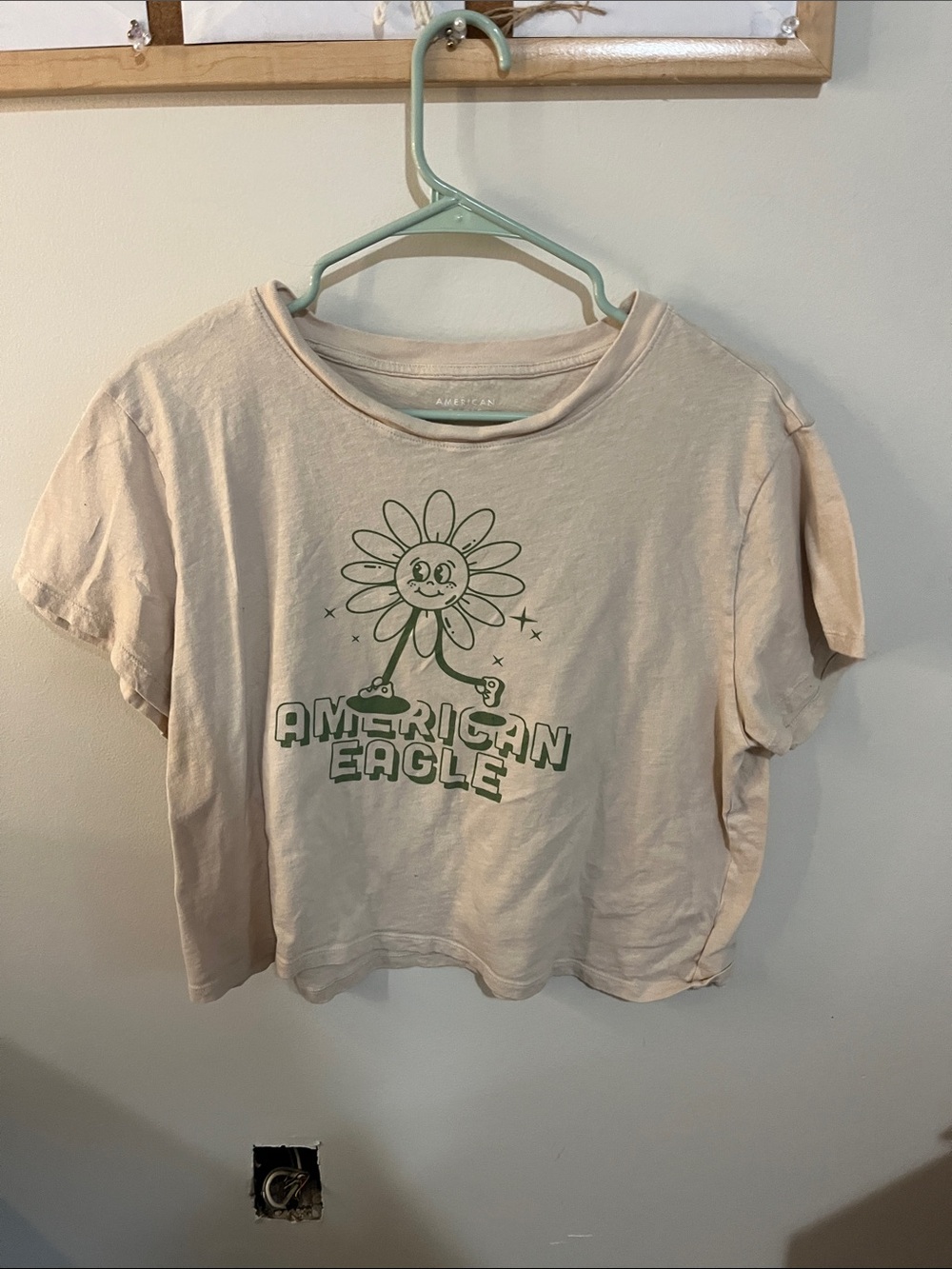 American Eagle Outfitters Cream Graphic Crop Tee with Green Print